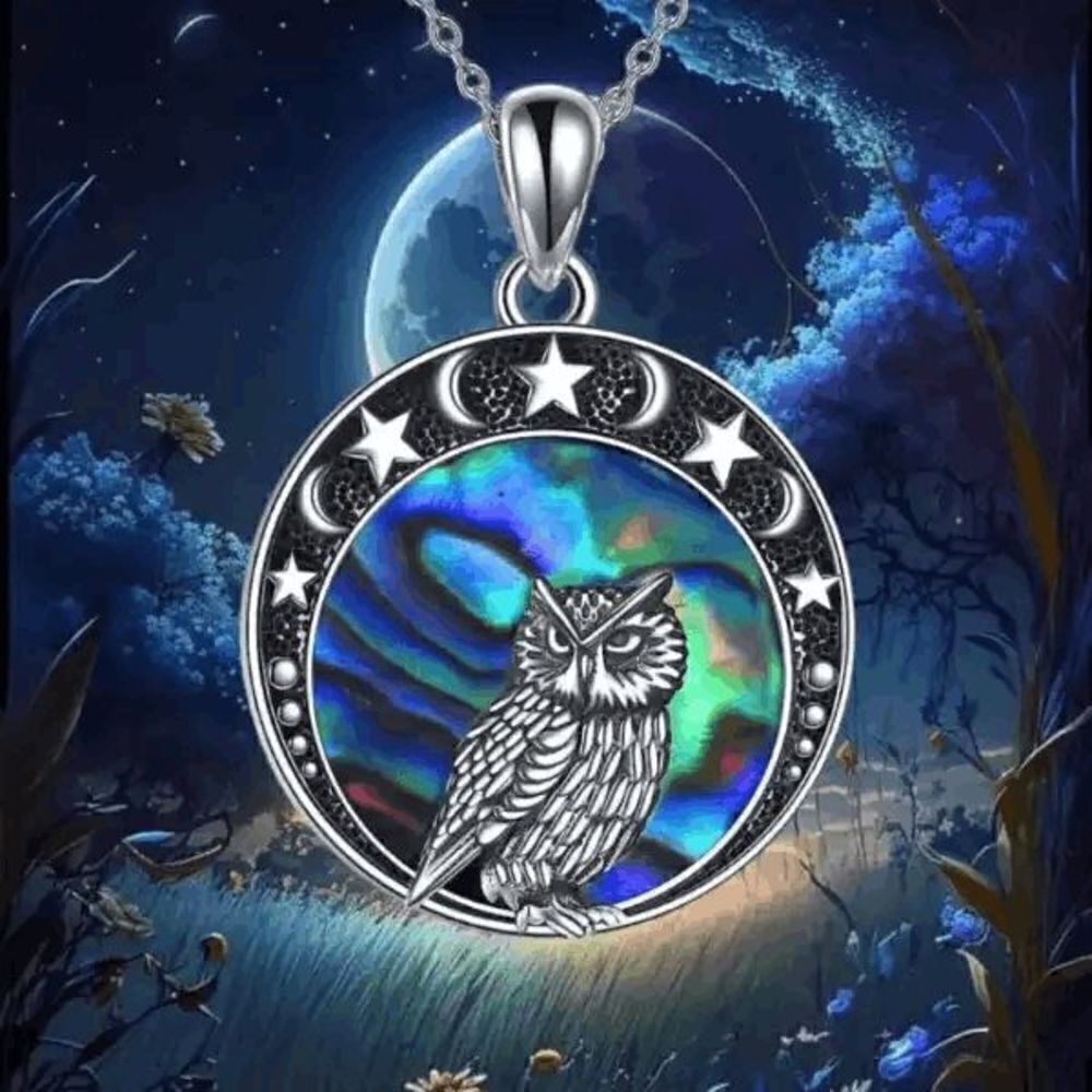 Sun Moon Star Owl Abalone Silver Unisex Pendant Necklace